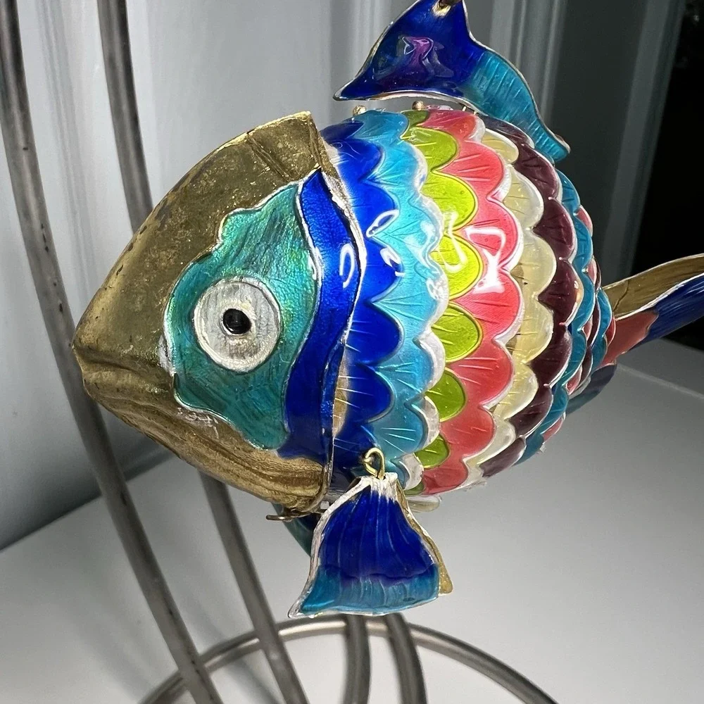 Cloisonné Enamel Articulated Moveable‎ Lg Tropical Fish Ornament Rainbow Colors